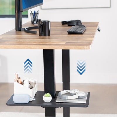 Under desk floating shelf platform that clamps onto desk leg. Provides convenient hidden storage that adjusts with your sit to stand desk.