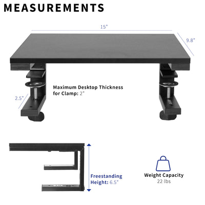 Measurements and specifications of clamp on desk extension.