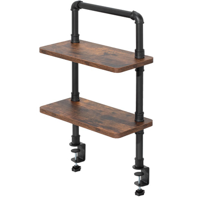 Clamp-on Industrial Pipe Shelves secure to your office desk and create dual level storage for clearing workspace clutter.