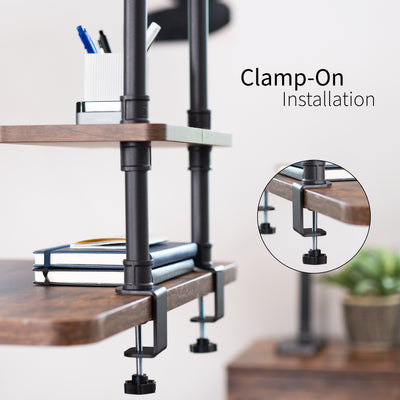 Clamp-on Industrial Pipe Shelves secure to your office desk and create dual level storage for clearing workspace clutter.