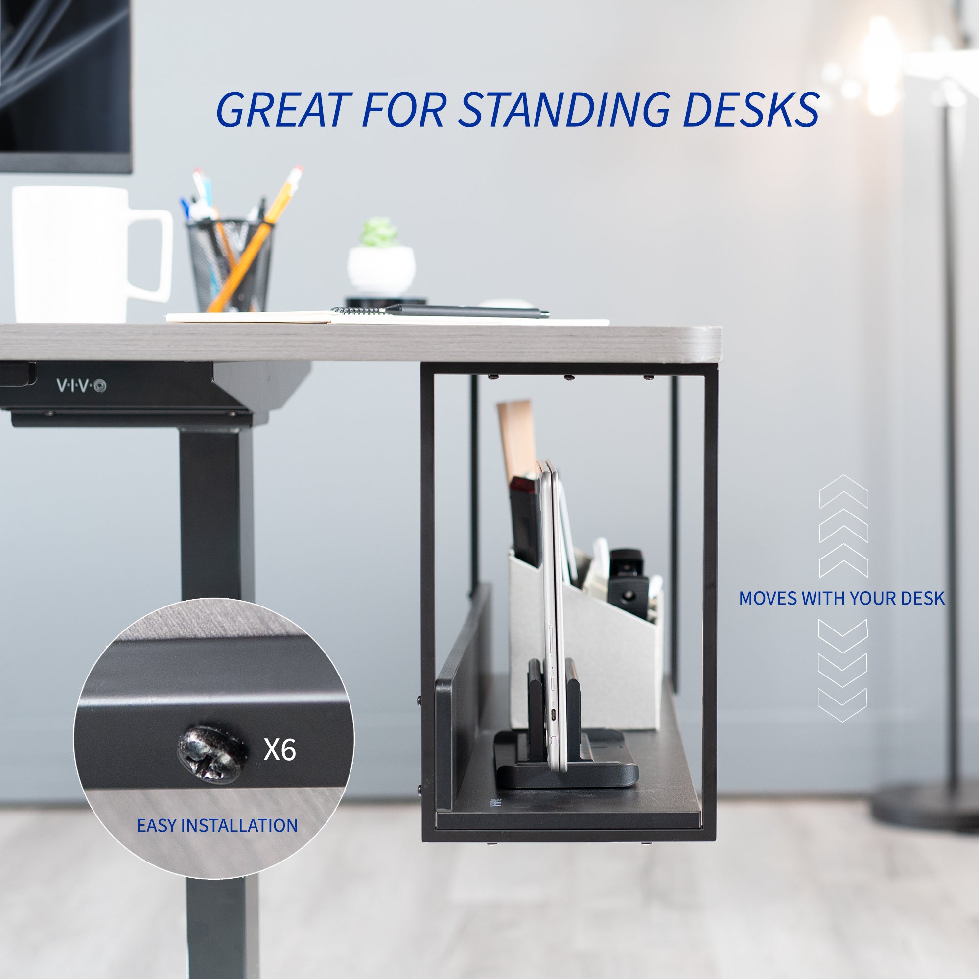 Sleek modern under desk shelf with safety back for flexible convenient storage and organization.