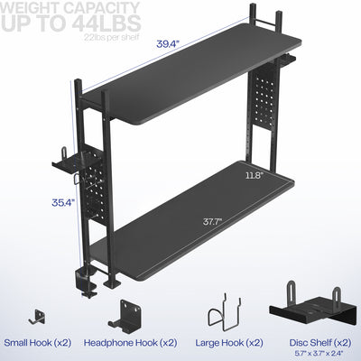 Large clamp-on adjustable shelving system for storage, organization, or gaming.