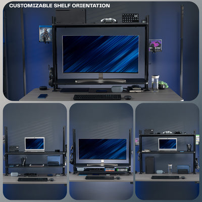 Large clamp-on adjustable shelving system for storage, organization, or gaming.