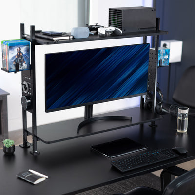 Large clamp-on adjustable shelving system for storage, organization, or gaming.