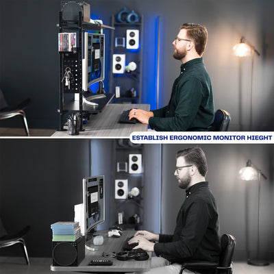 Large clamp-on adjustable shelving system for storage, organization, or gaming.