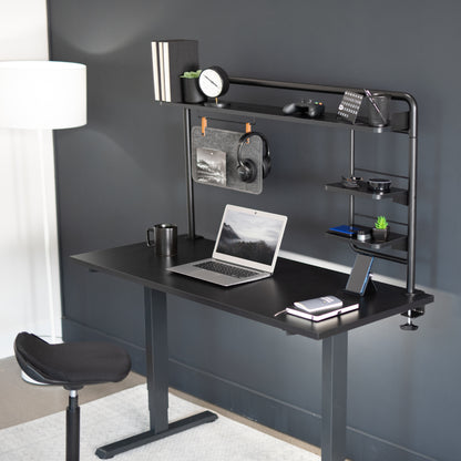 Clamp-on Desktop Shelving System for organizing office workspaces.