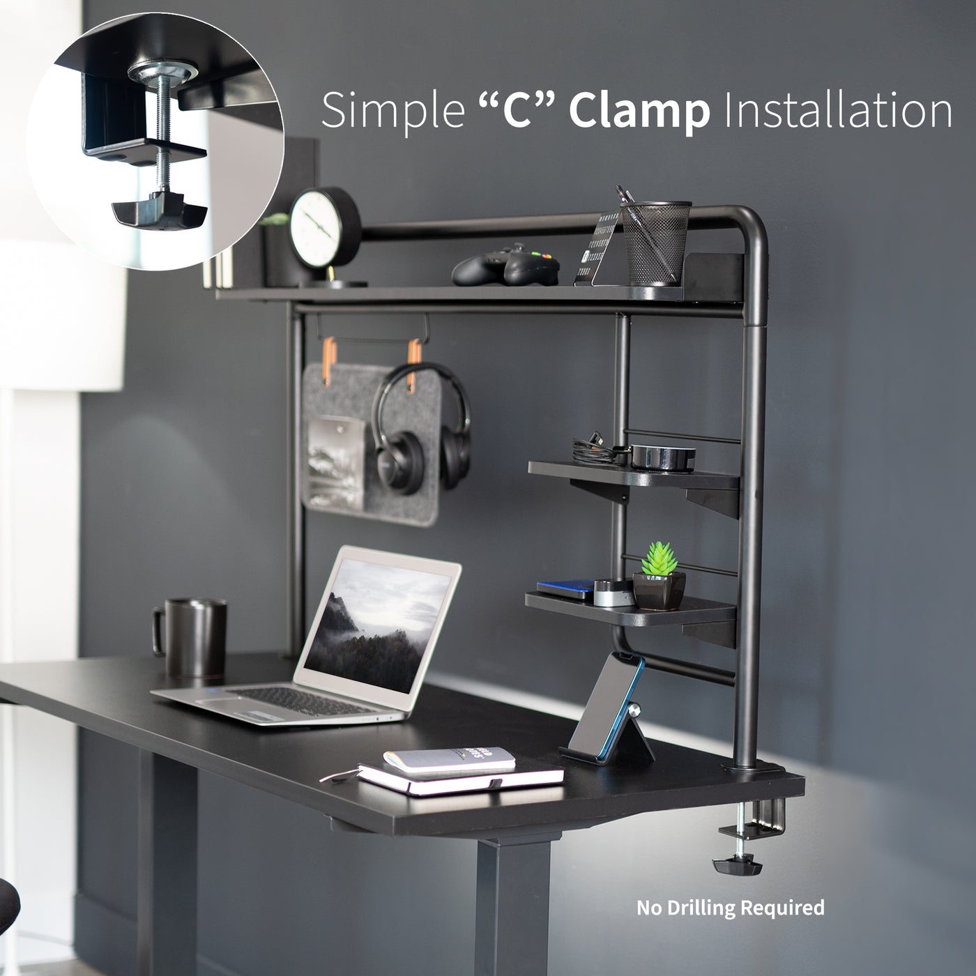 Clamp-on Desktop Shelving System with easy C-clamp installation for organizing office workspaces.