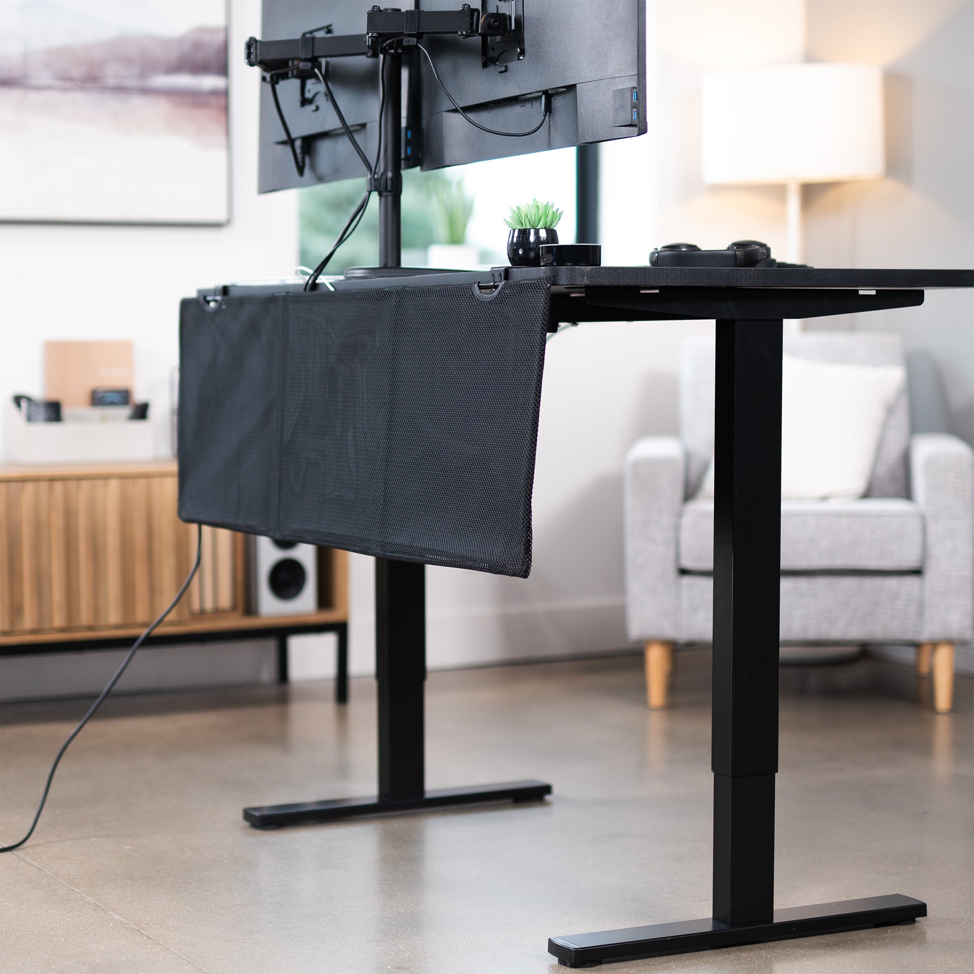 Durable clamp-on desk skirt for extra storage and cord management.