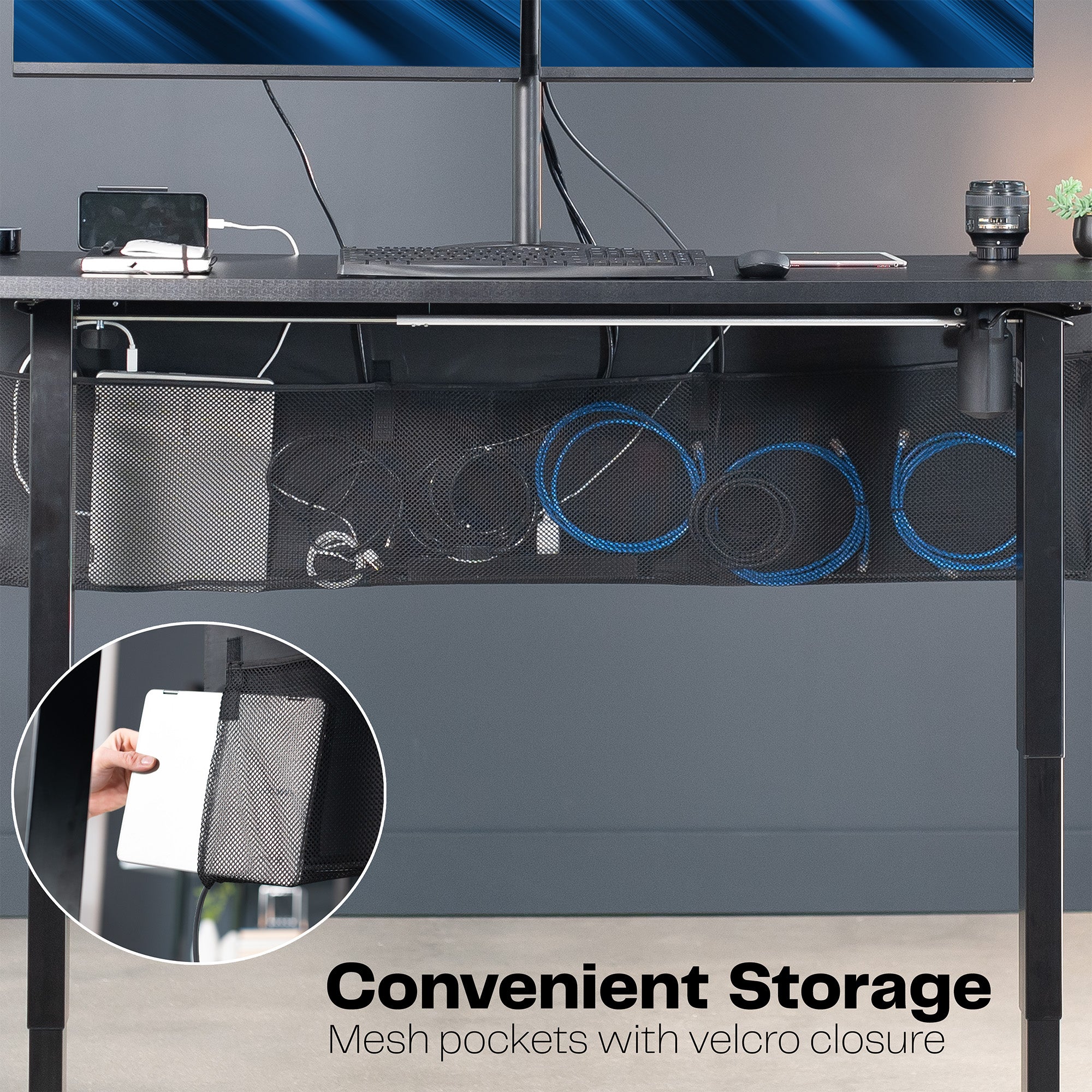 Durable clamp-on desk skirt for extra storage and cord management.