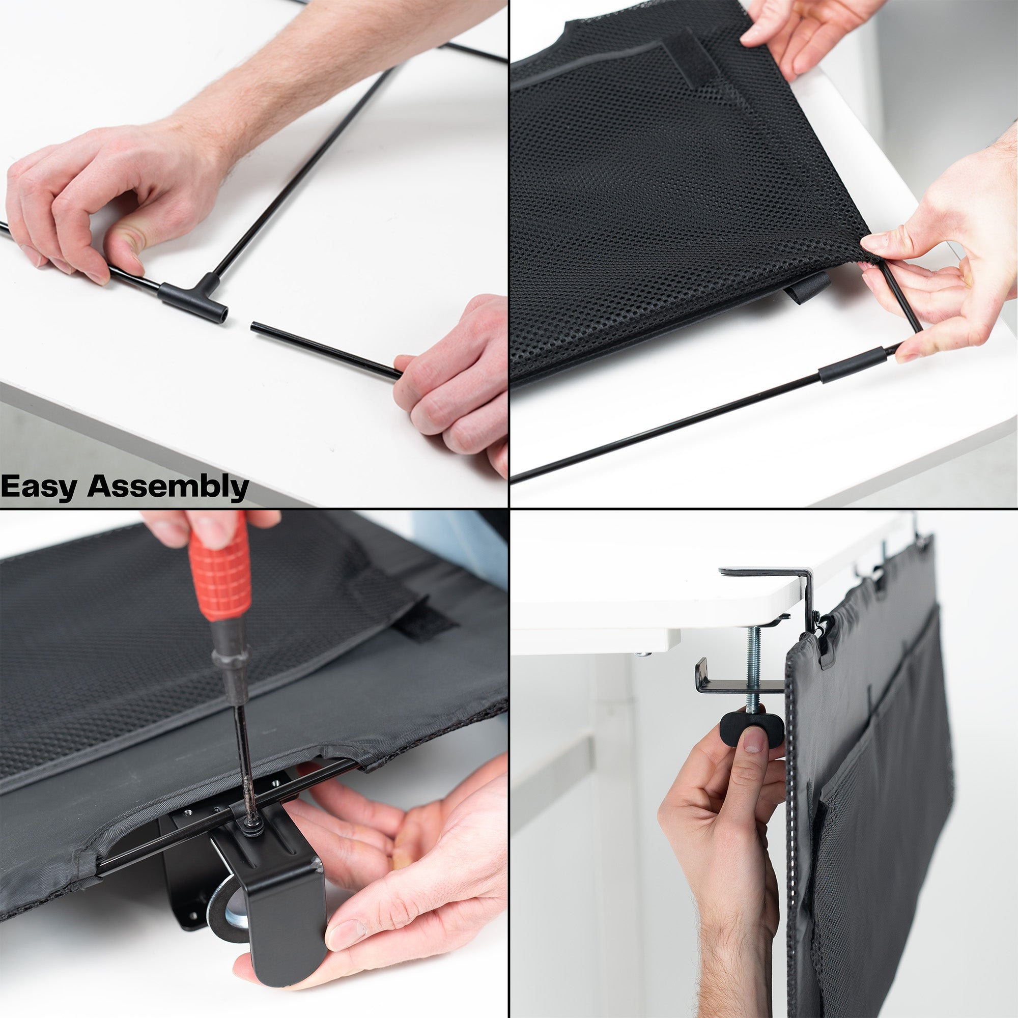 Durable clamp-on desk skirt for extra storage and cord management.