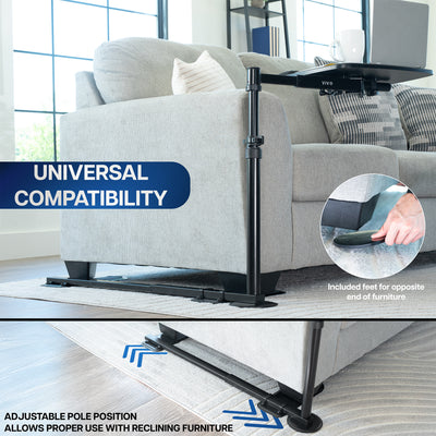 Adjustable laptop desk attached to a sofa with text highlighting compatibility and adjustable features.