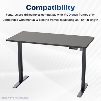 Black desk with text about compatibility with VIVO desk frames on a white background