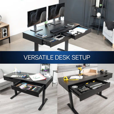 Black shelf with a drawer in a modern office with 3 different setups.