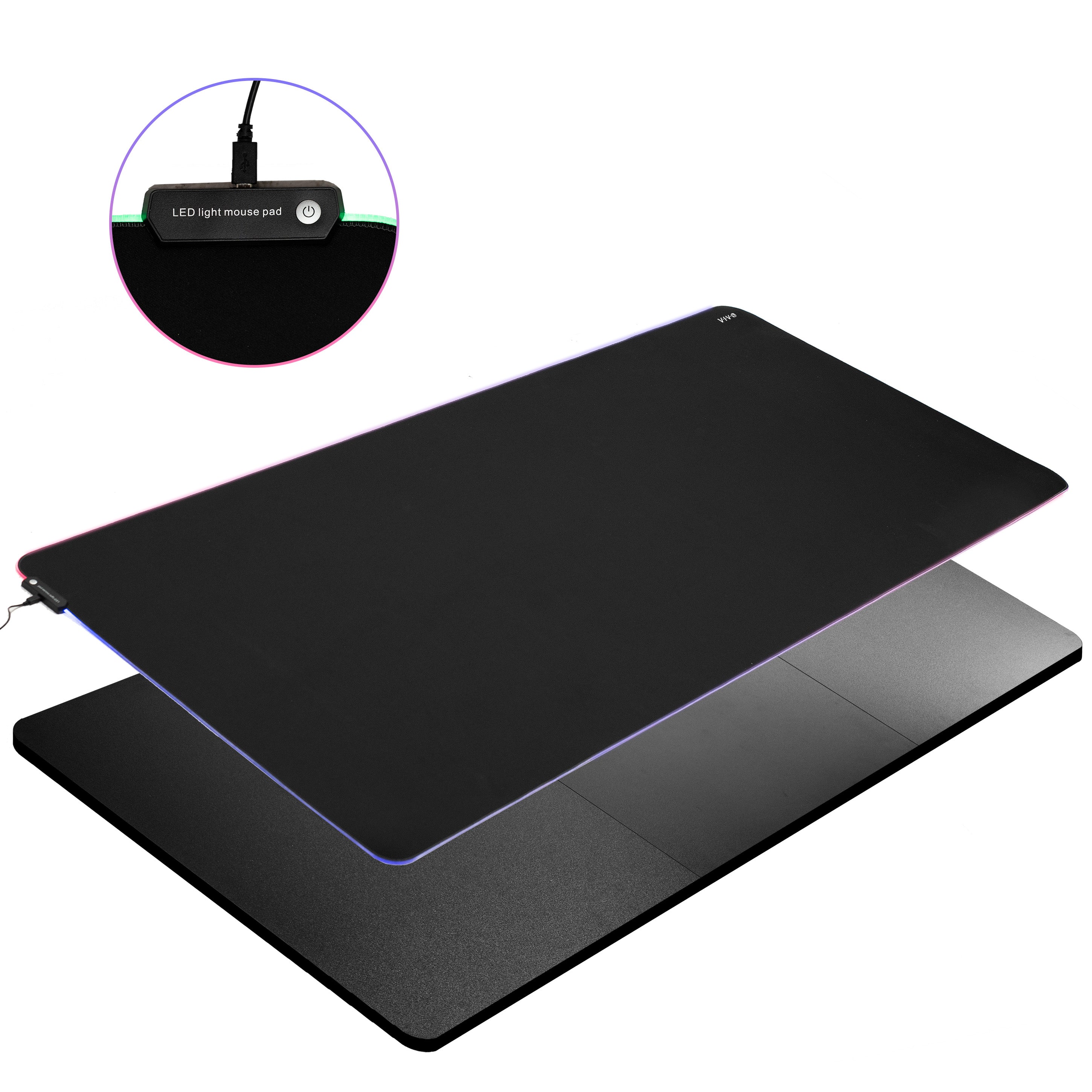 Durable sit to stand desk tabletop workstation with wide surface space and includes full-size LED USB powered RGB pad.