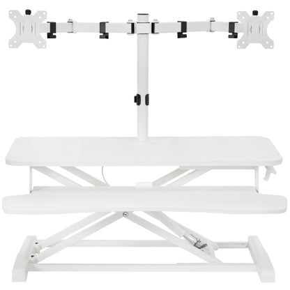 Sturdy height adjustable desk converter with articulating dual monitor mount.