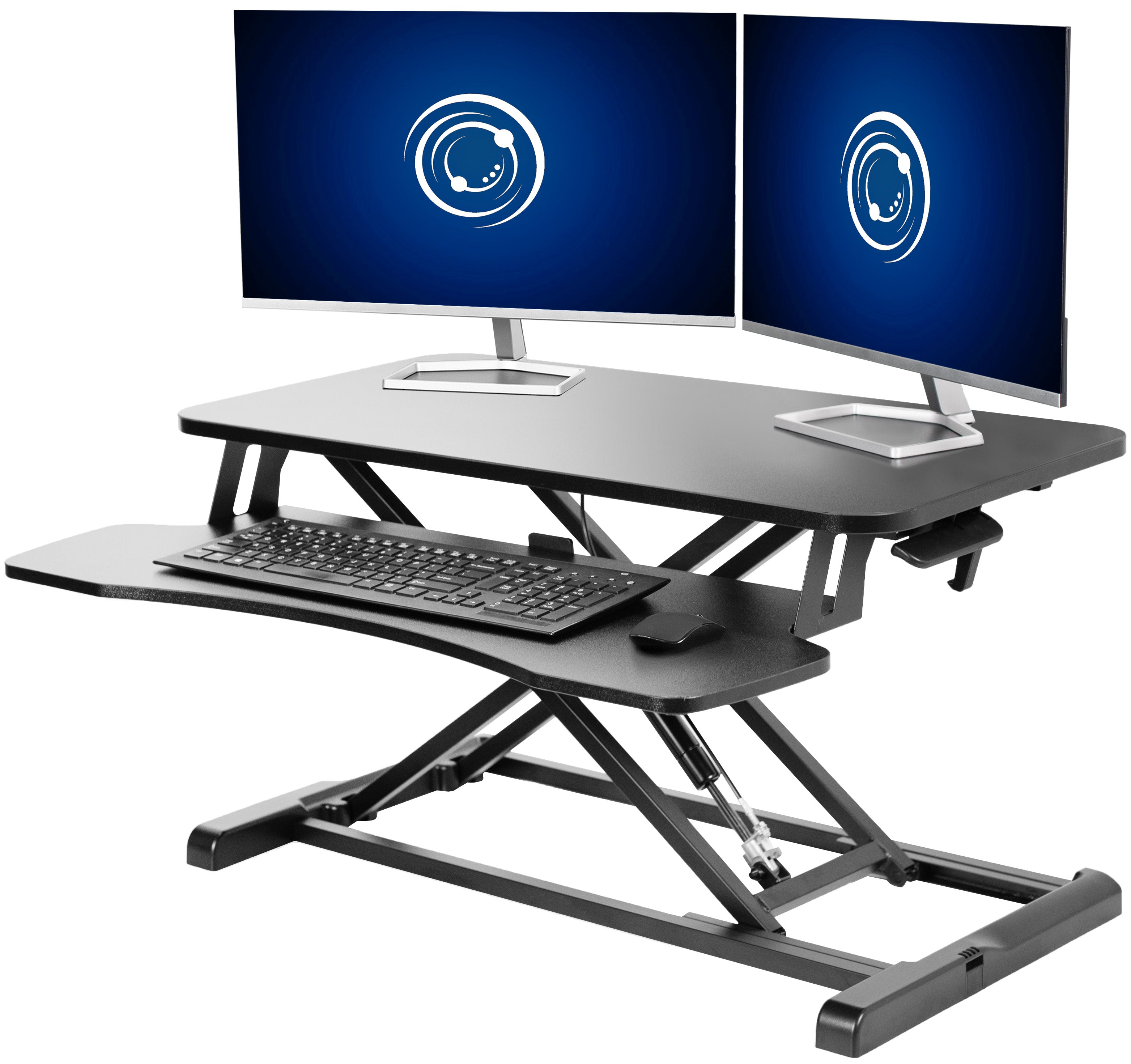 Sturdy height adjustable 2-tiered desk riser for ergonomic office workstation.