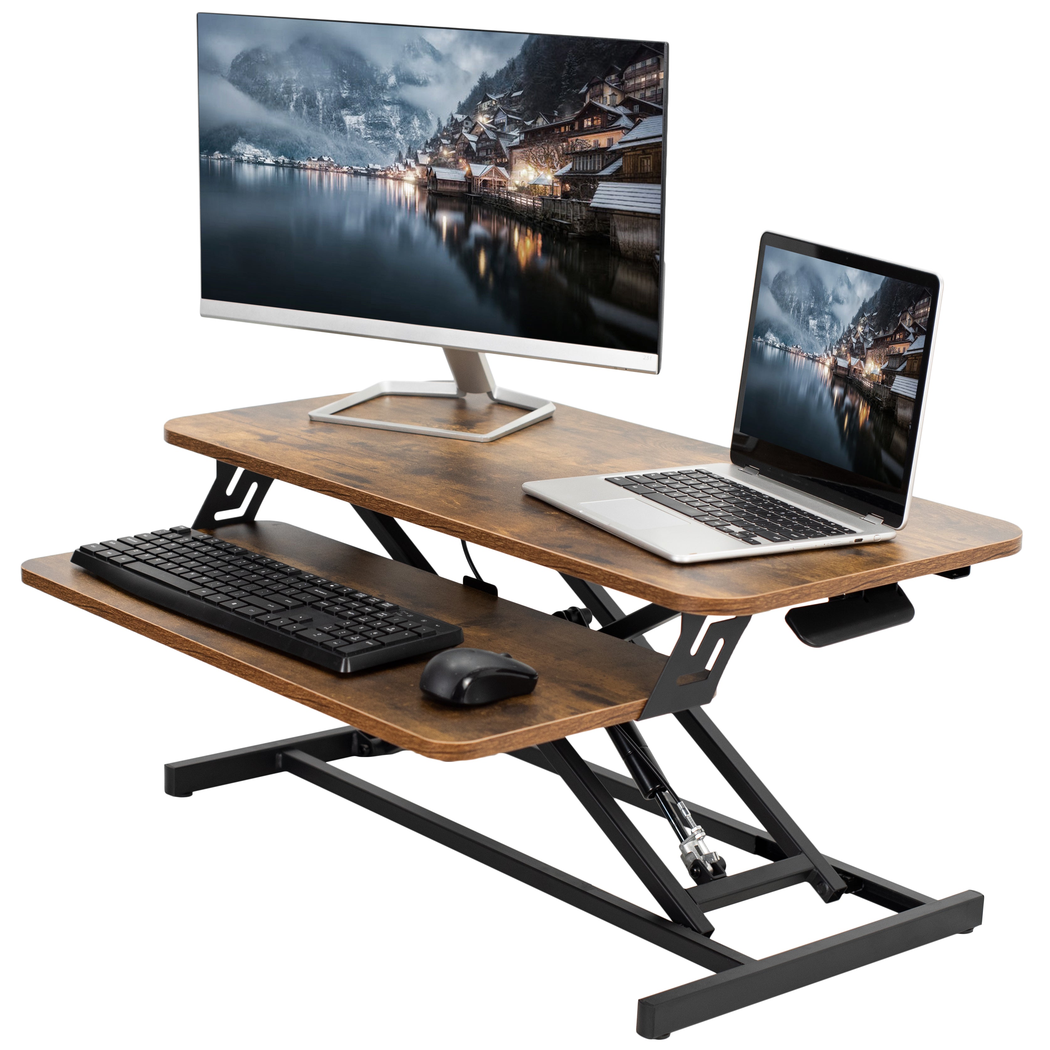 Heavy-duty, rustic, height adjustable desk converter monitor riser with 2 tiers.