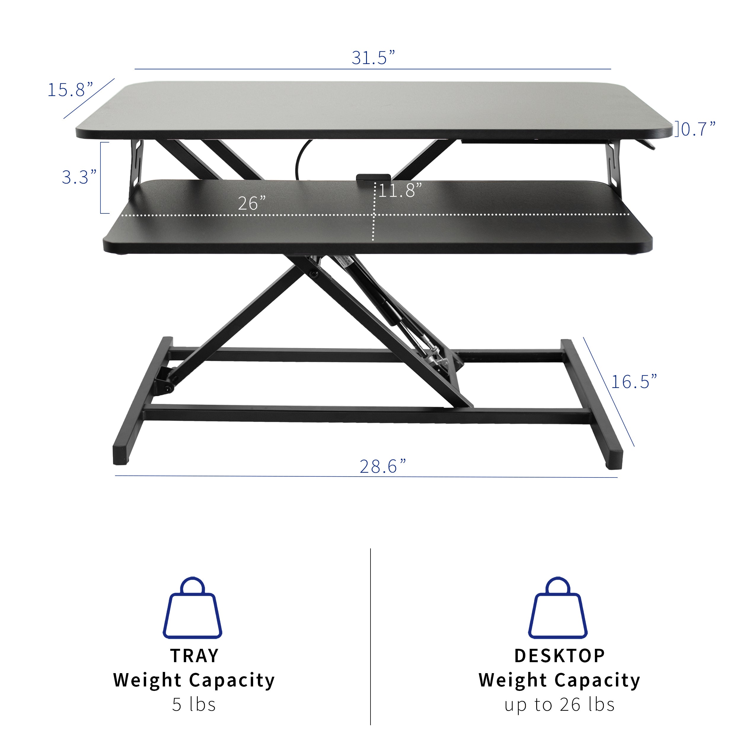 Heavy-duty height adjustable desk converter monitor riser with 2 tiers.