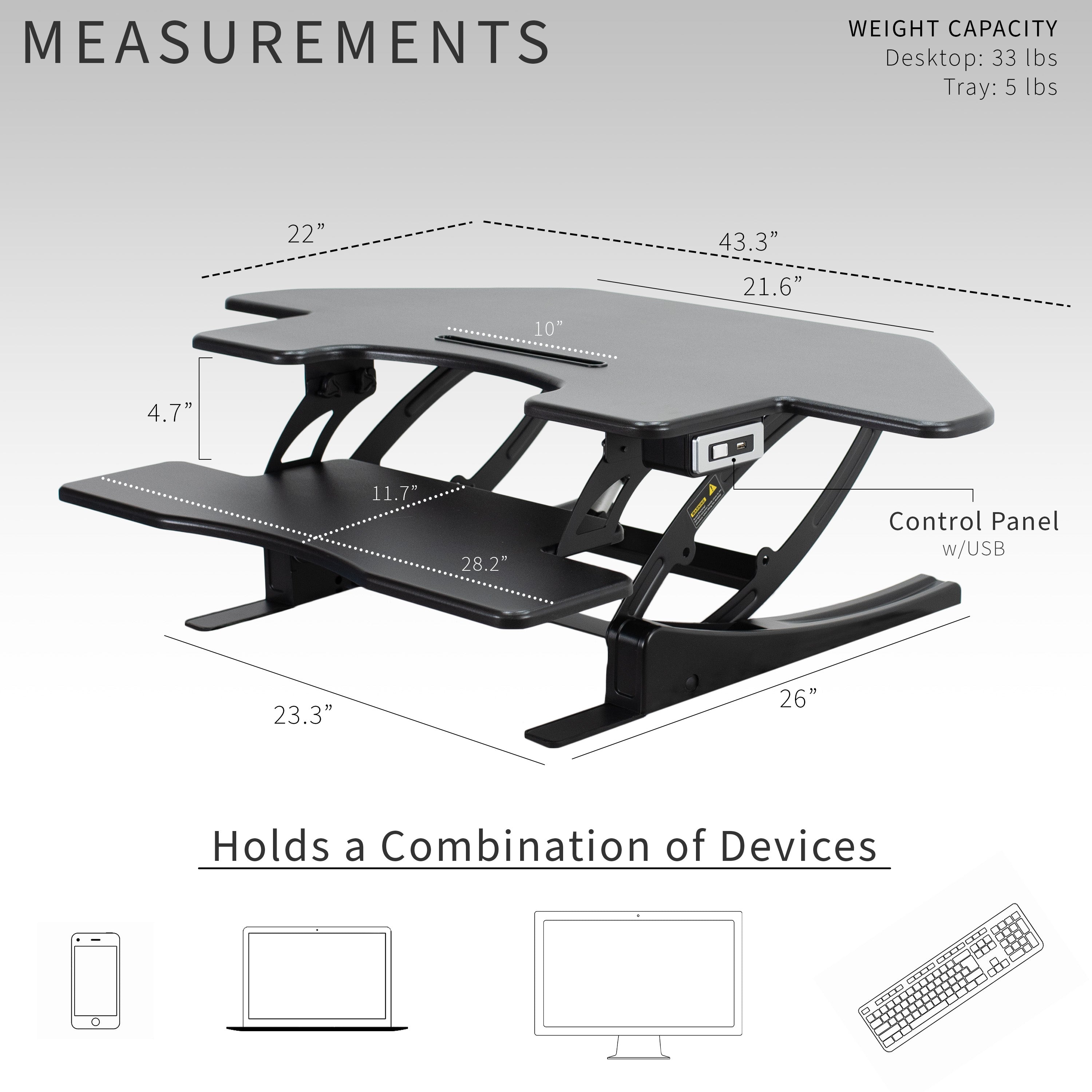 Heavy-duty height adjustable corner desk converter monitor riser with 2 tiers.