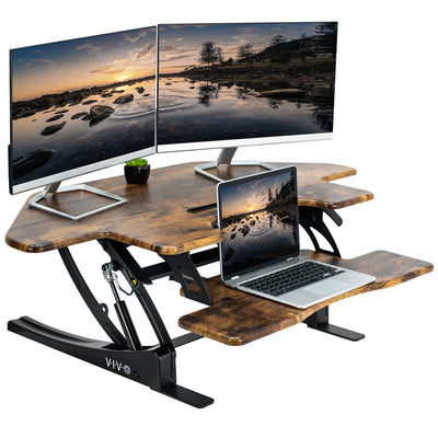 Heavy-duty, rustic, height adjustable corner desk converter monitor riser with 2 tiers.