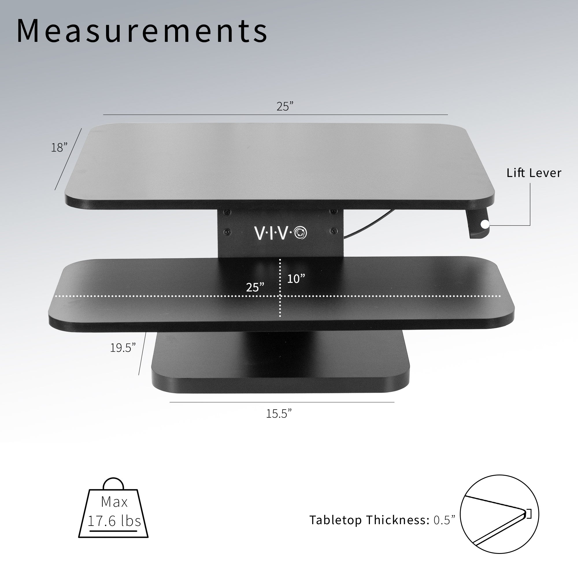 Sit stand desk converter sits on top of current desk and raises and lowers for a comfortable viewing and typing experience.