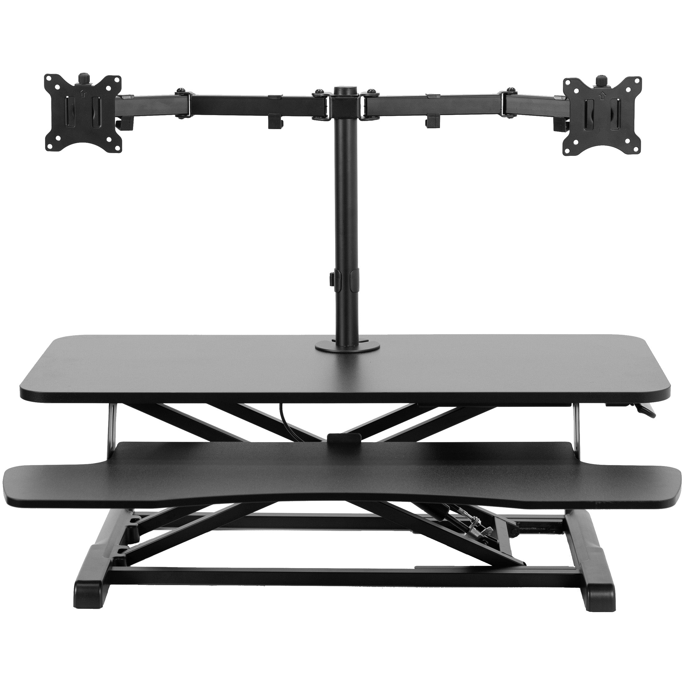 Sturdy height adjustable desk converter with articulating dual monitor mount.