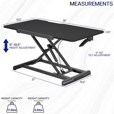 Measurements and specifications for 36" Single Top Tilting Desk Riser