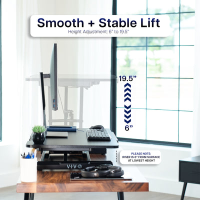 Adjustable desk with smooth and stable lift feature, showing height adjustment range.