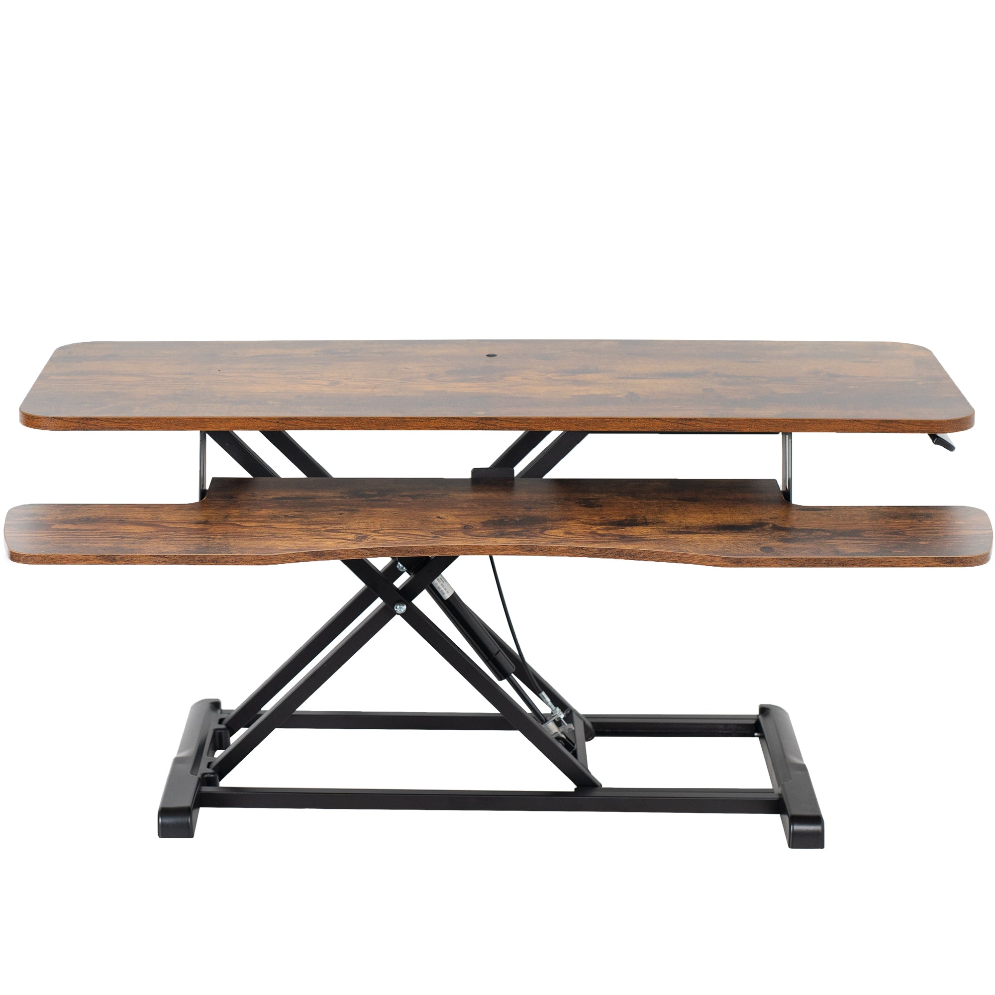 Sturdy height adjustable 2-tiered rustic desk riser for ergonomic office workstation.