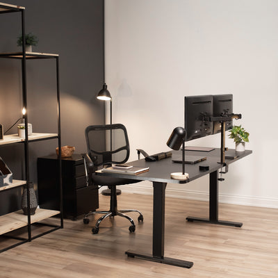 Sturdy ergonomic sit or stand desk frame for active workstation with adjustable length.