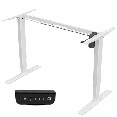 Heavy-duty sit or stand desk frame with adjustable height using touch screen control panel.