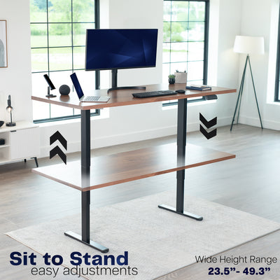 Sit or stand on demand throughout the busy day with this solid frame featuring dual thermal motors and 3-stage telescopic height adjustment.