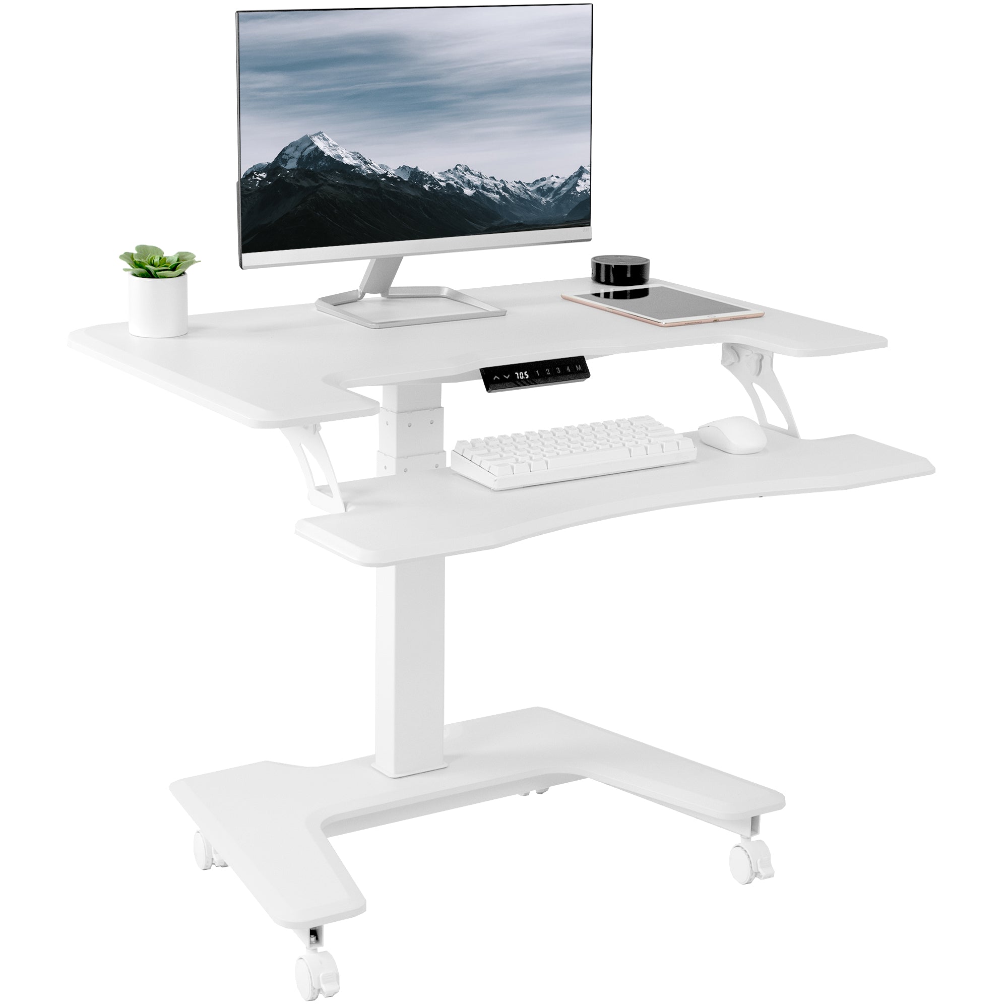 Electric mobile compact desk provides a height adjustable workstation for home or the office, featuring a 2 tier design for your screen and keyboard tray.