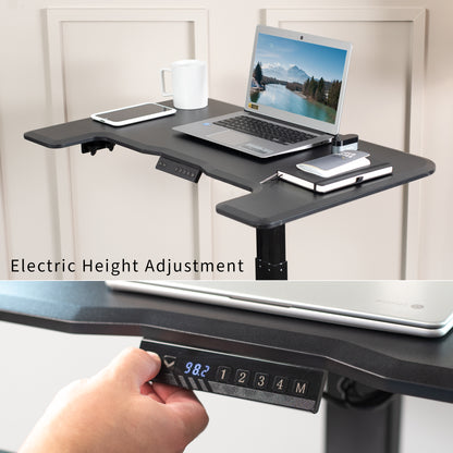 Electric mobile compact desk provides a height adjustable workstation for home or the office, featuring a 2 tier design for your screen and keyboard tray.