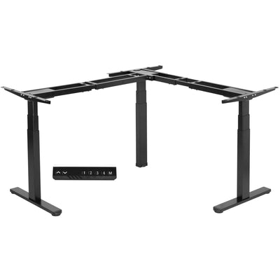 Heavy-duty electric height adjustable corner desk frame for active sit or stand efficient workspace.