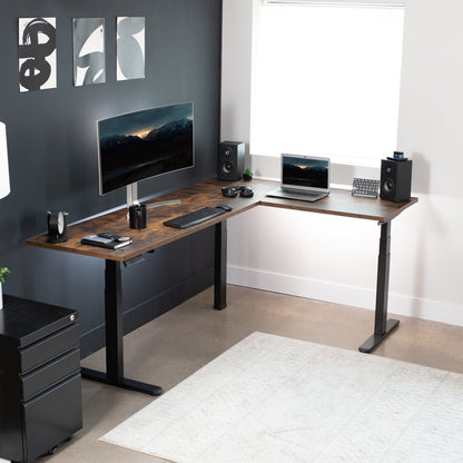 Large L-shaped desk in a modern minimalist room.