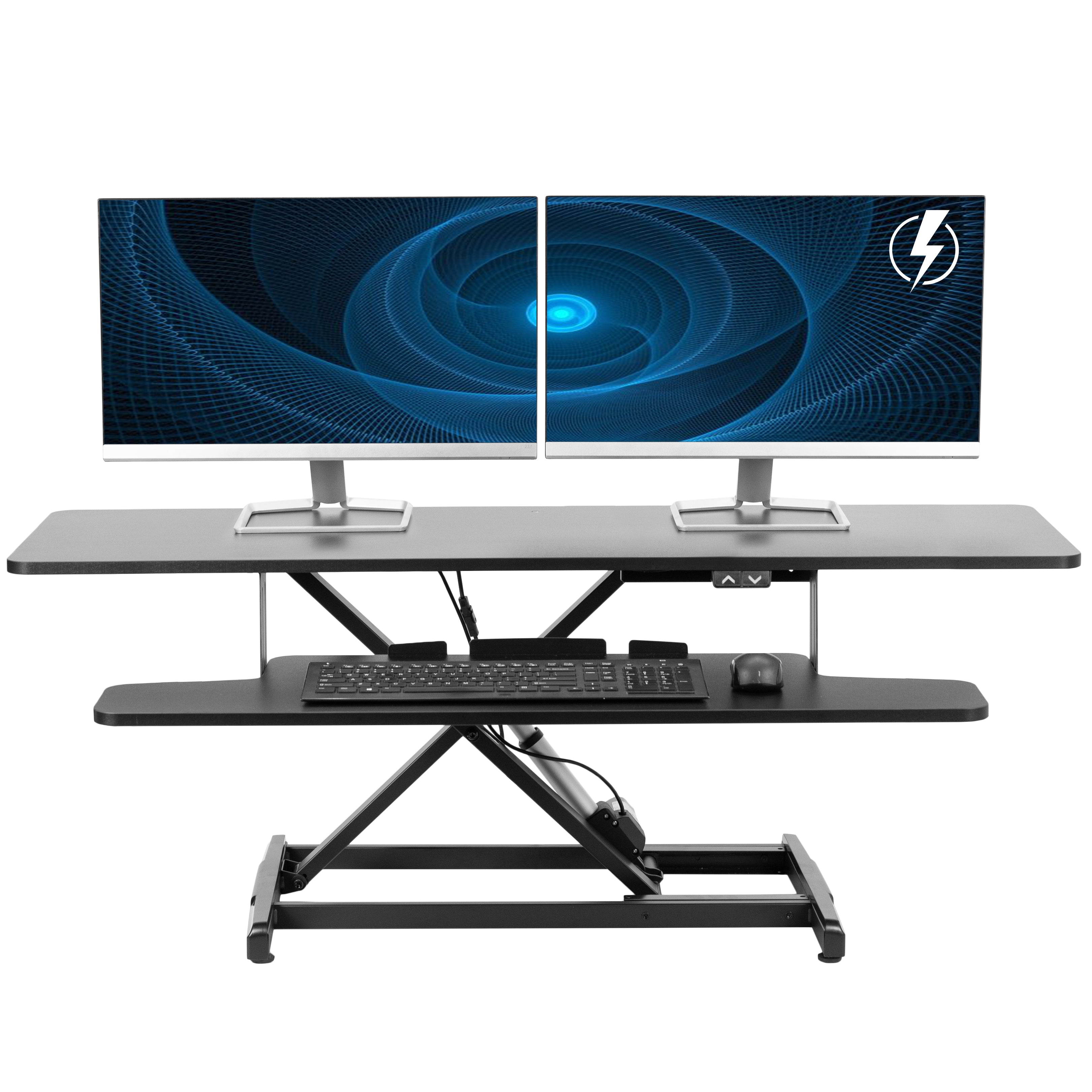 Electric Motor Desk Converter, Height Adjustable Riser, Sit to Stand Dual Monitor and Laptop Workstation with Wide Keyboard Tray