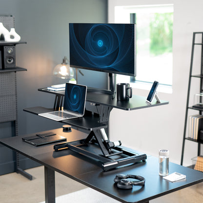 Electric Motor Desk Converter, Height Adjustable Riser, Sit to Stand Dual Monitor and Laptop Workstation with Wide Keyboard Tray