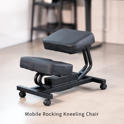 Mobile ergonomic padded rocking kneeling chair with locking casters.