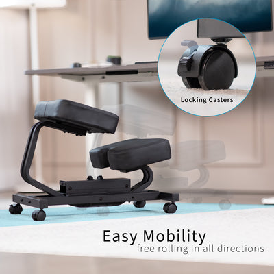 Mobile ergonomic padded rocking kneeling chair with locking casters.