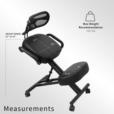 Height adjustable comfortable kneeling chair with locking caster wheels.