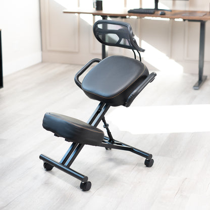 Height adjustable comfortable kneeling chair with locking caster wheels.