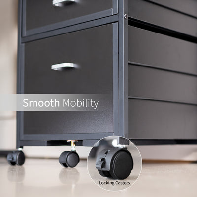 Heavy duty mobile filing cabinet with locking casters and anti-tip wheel.