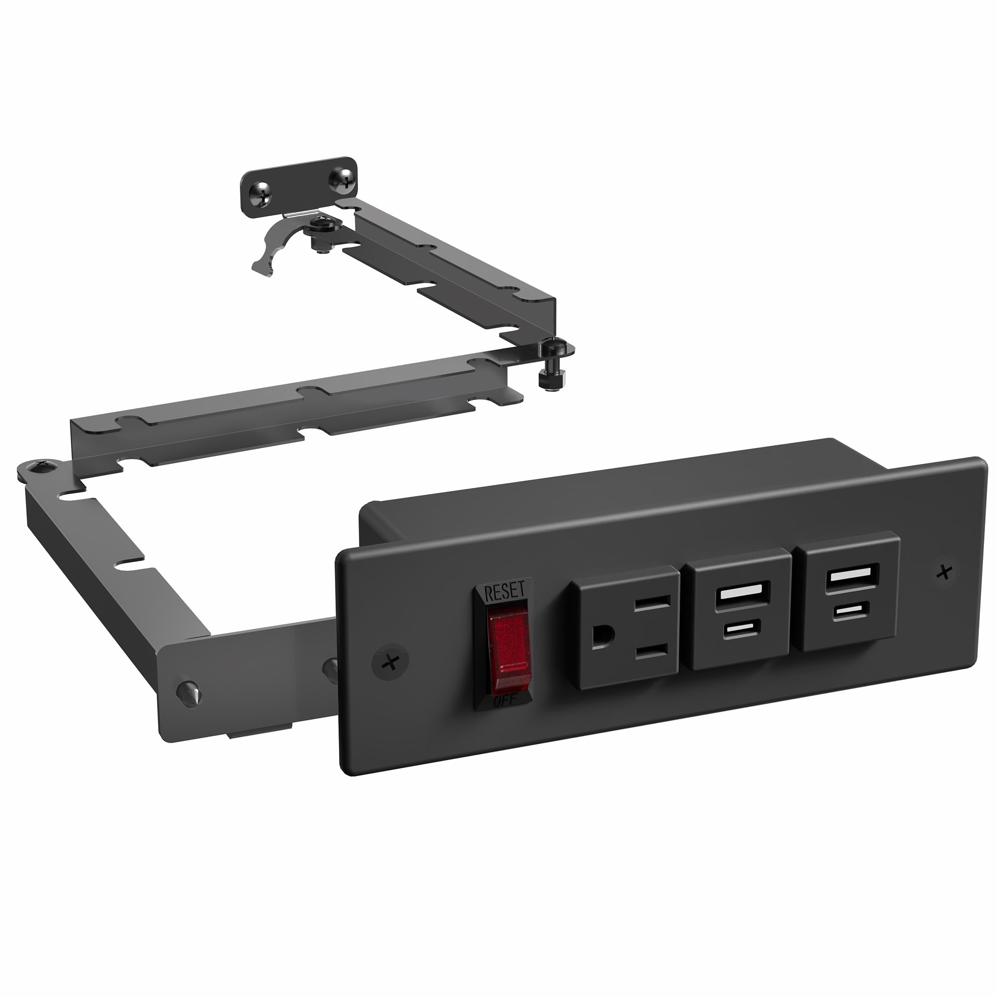 In-drawer changing station with AC outlet and USB ports.