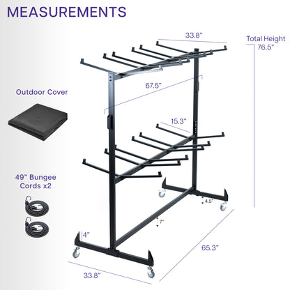 Folding table / folding chair cart with locking wheels, bungee cords, and cover.