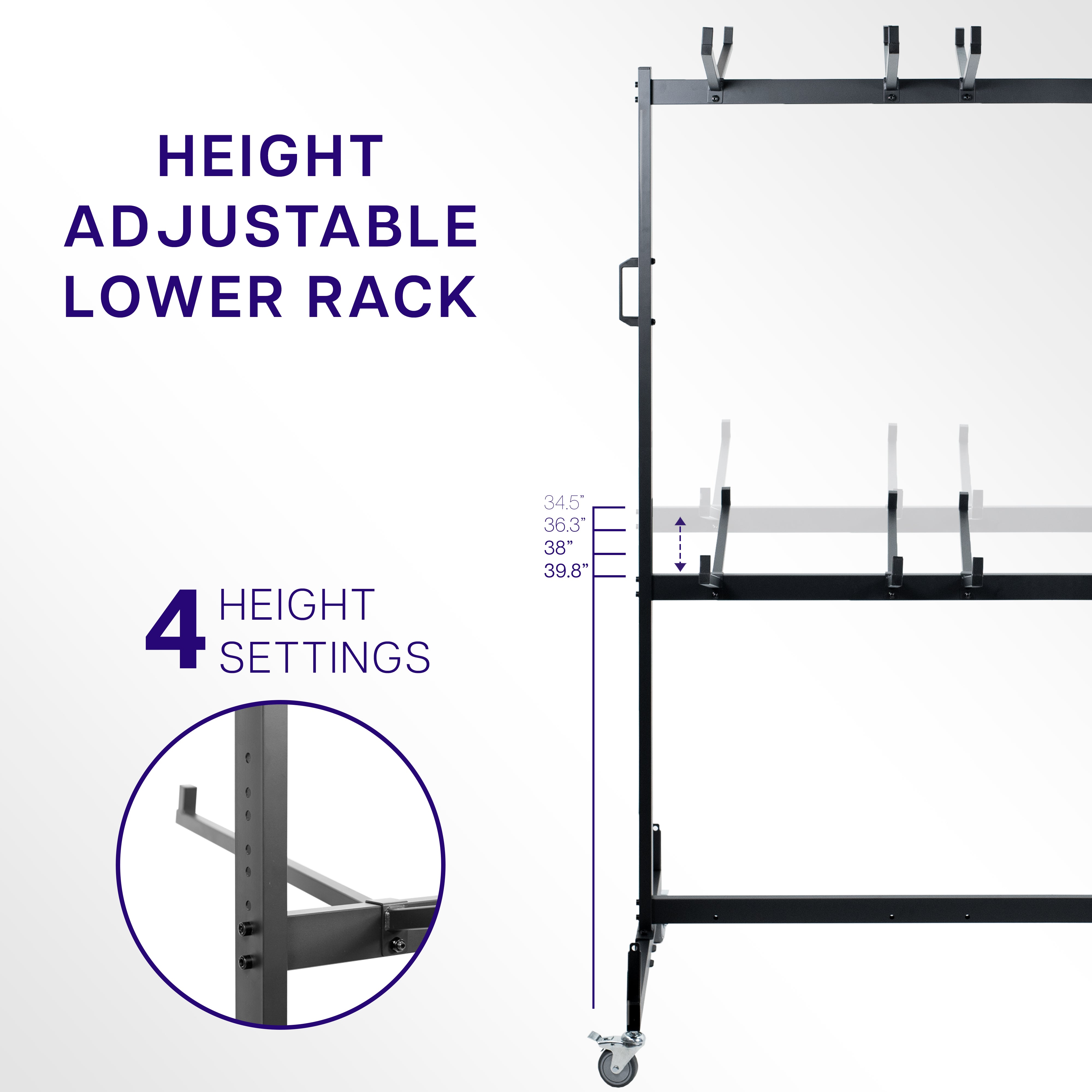 Folding table / folding chair cart with locking wheels, bungee cords, and cover. Lower rack is height adjustable.