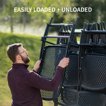 Folding table / folding chair cart with locking wheels, bungee cords, and cover.