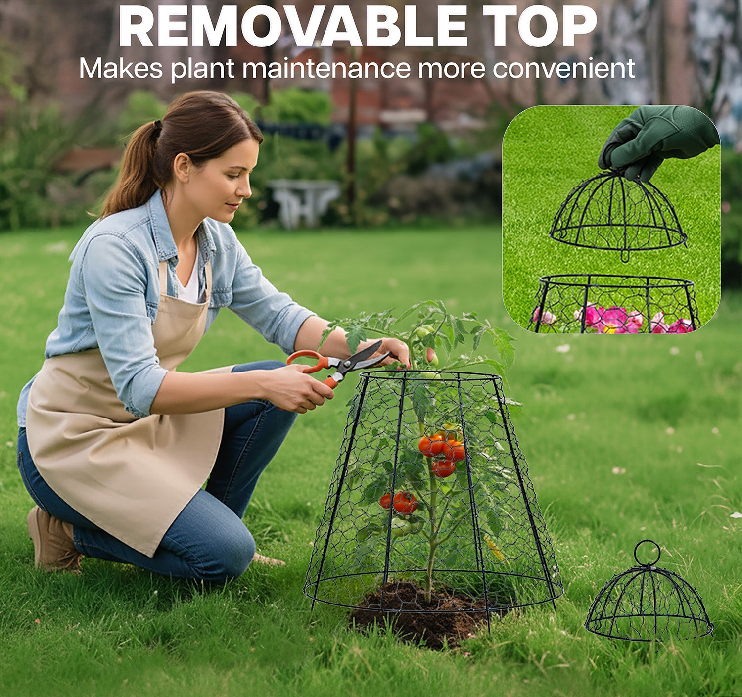 Woman tending to plants with a garden cloche, inset showing plant maintenance convenience.