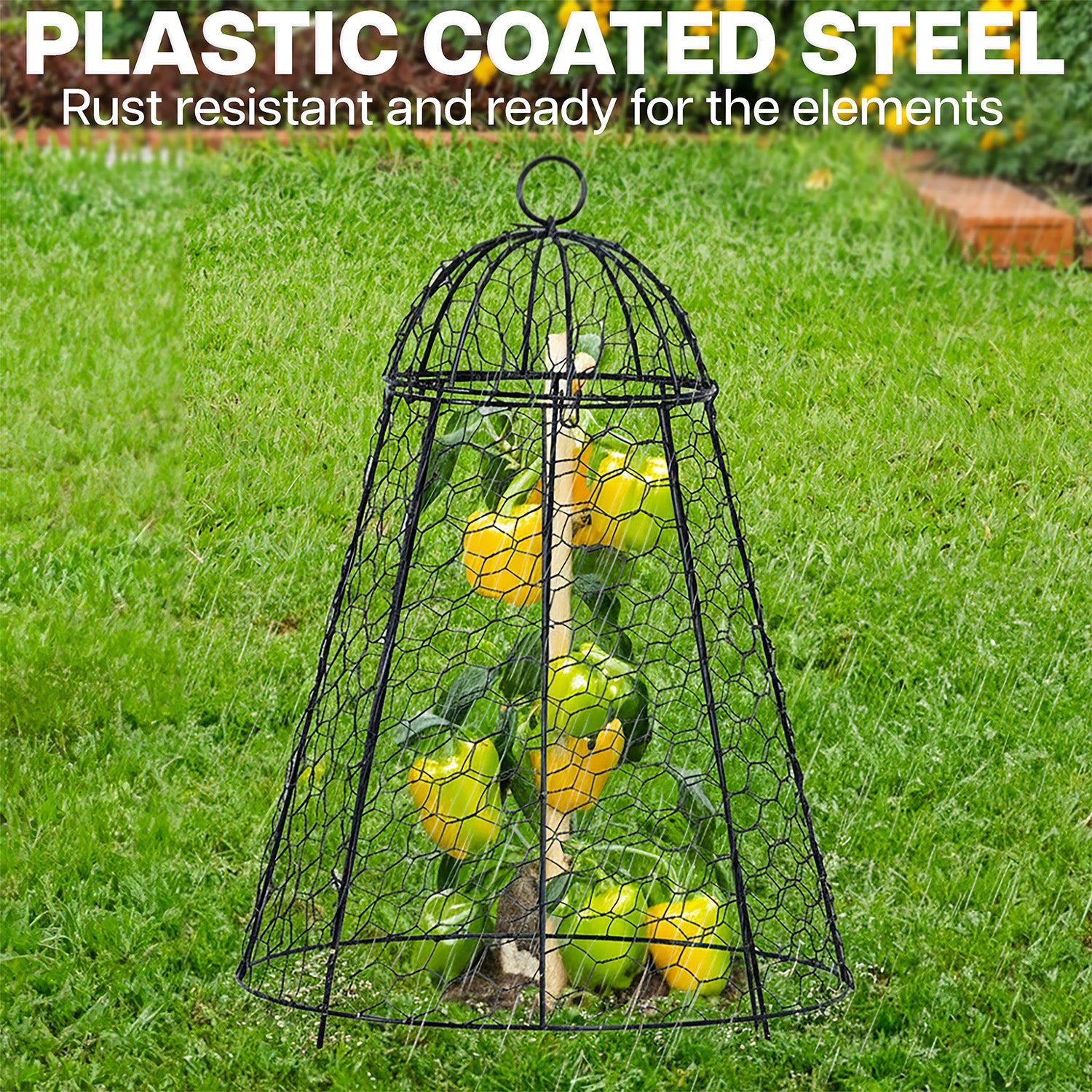 Decorative garden cloche with plastic-coated steel structure on grass