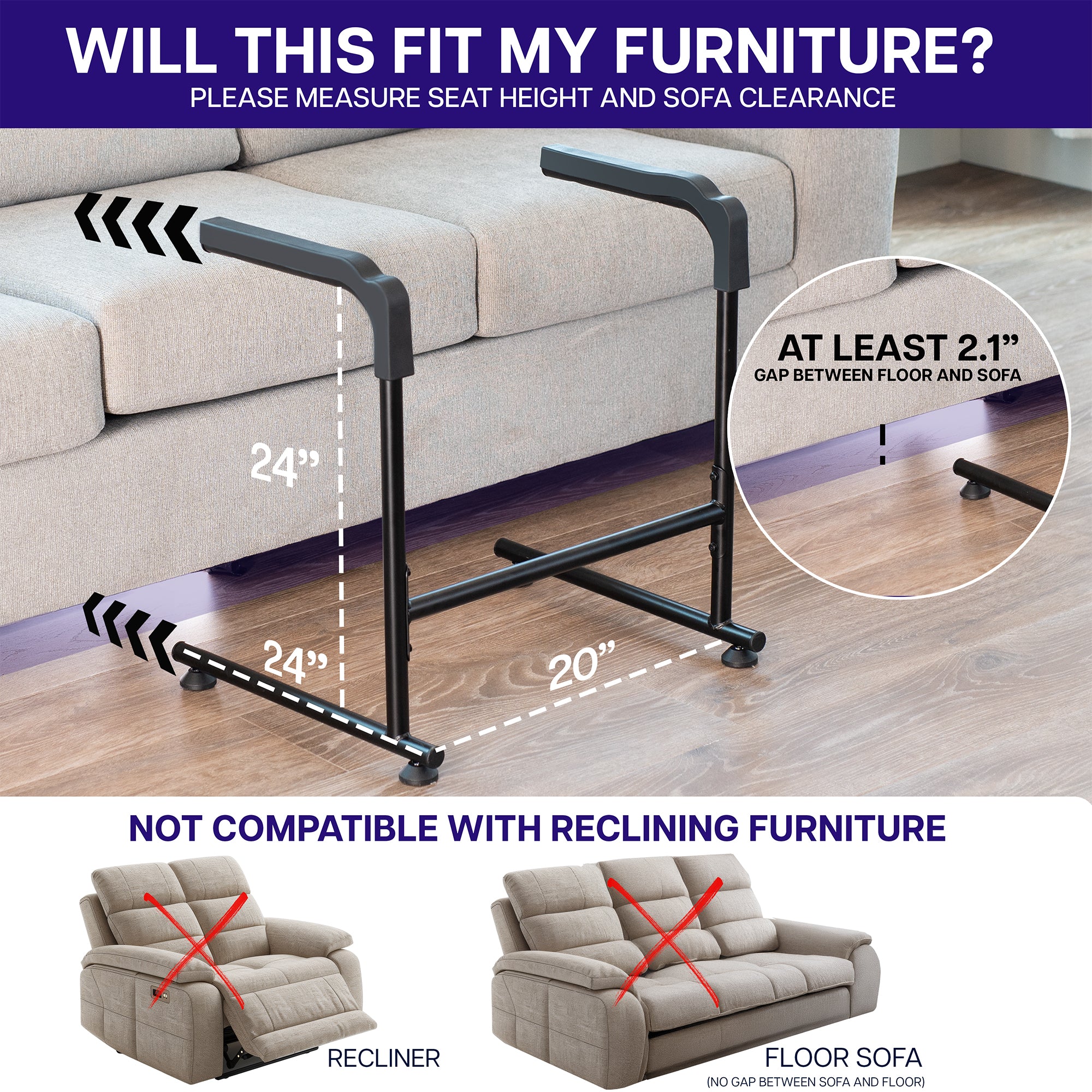 Stand assist bar with dimensions labeled and weight capacity text on a wooden floor.